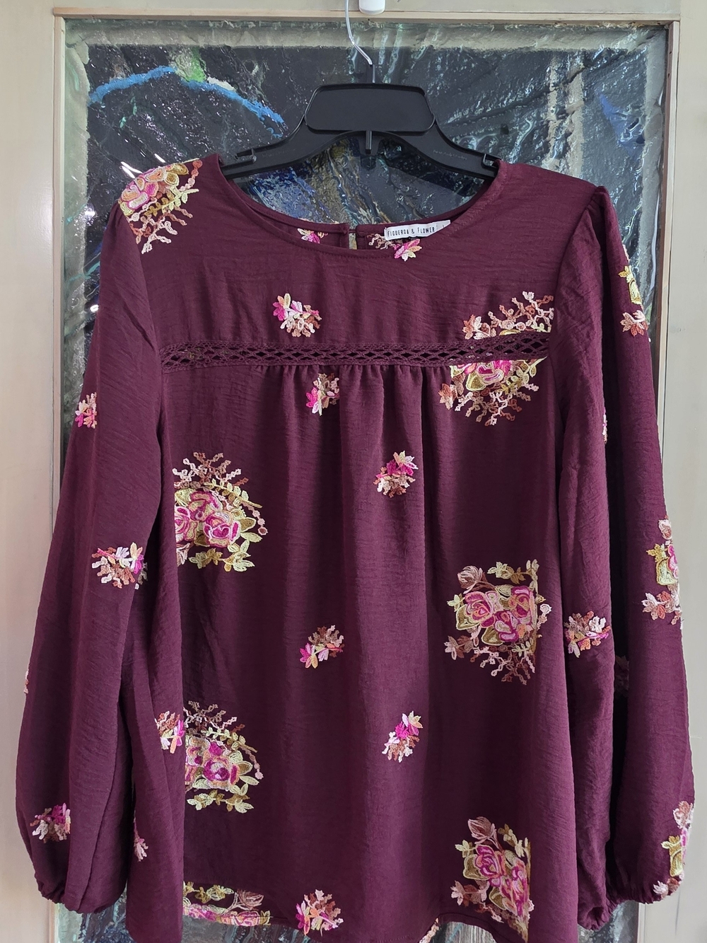 Figueroa & Flower Burgundy Floral Embroidered Blouse - Size L